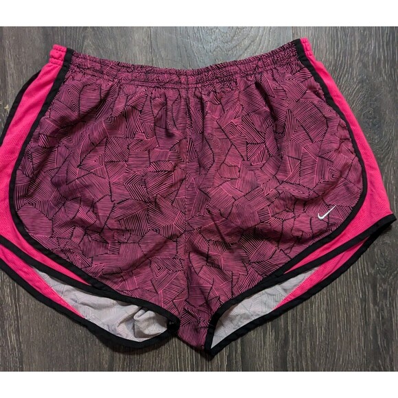 NIKE Dri-Fit Running Shorts Womens size Large Pink and black Lined Athletic - Picture 1 of 3